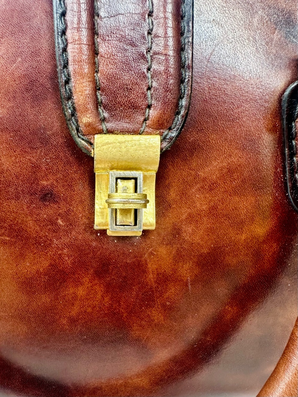 Vintage Leather Small Structured Marbled Brown Leather Handbag w Gold Clasps - Picture 11 of 13